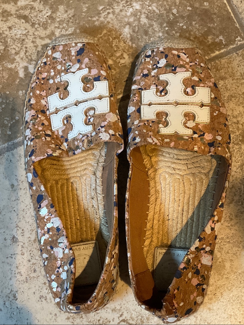 Tory Burch Pink Multicolor Cork Espadrille Flats with White Logo